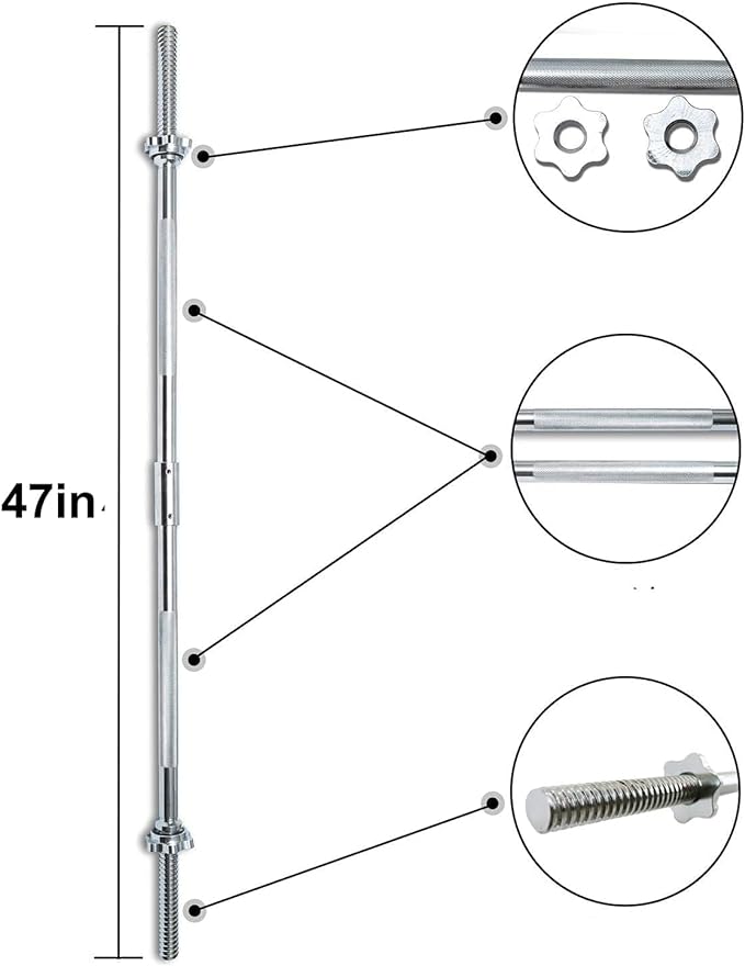 FUXION Fitness Buildable Weightlifting Chrome Bar 47 inch with Spinlock Collars | metal olimpic bar with handler