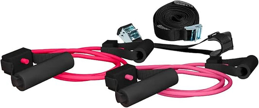 BODi Portable Resistance Bands Kit with Control Track for Home Gym Fitness Workout Equipment, Steel-Buckle Door Strap, Cam Buckle Cable Cradle, 2 Workout Bands Handle Sets, Pink & Magenta