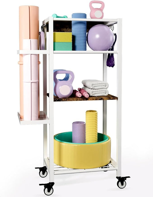 Yoga Mat Storage Rack with Wheels, 3 Tier Home Gym Workout Equipment Organizer for Dumbbells, Kettlebells, Foam Rollers