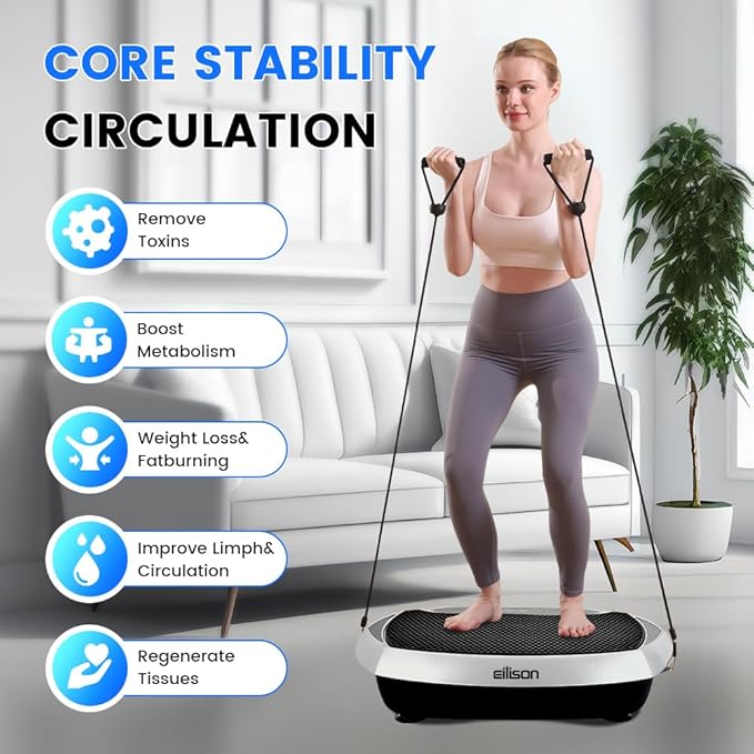 EILISON Bolt Vibration Plate Home Exercise Machine with Loop Bands for Weight Loss, Toning, and Wellness Home Workouts, 350 Pound Capacity, Silver