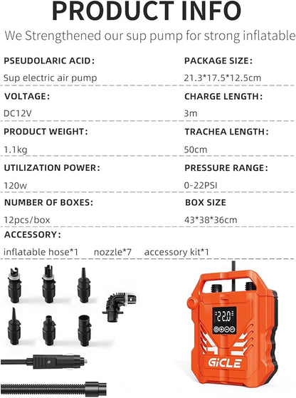 Paddle Board Pump Electric Portable with Dual Stage Inflation, 22PSI High Pressure Air Pump for Paddleboard/Inflatable Bed/Mattress with 12V DC Car Connector and Portable Boat Accessories