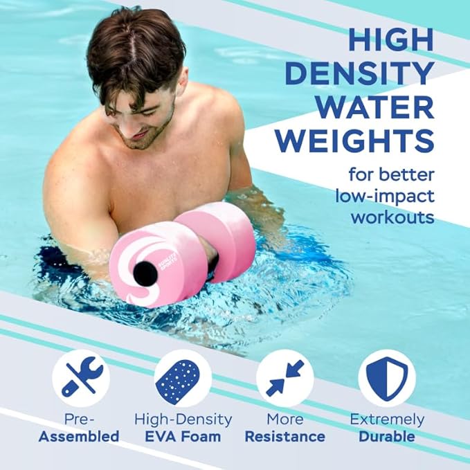 Sunlite Sports Water Weights Pool Exercise Dumbbells, Water Aerobic Equipment, High-Density EVA-Foam Dumbbell with Handle Strip, Aqua Therapy, Pool Fitness, Water Exercise, Set of 2