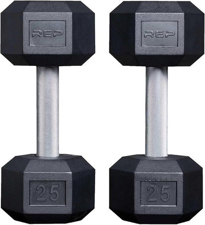 Rep Fitness Rubber Hex Dumbbell(s) - Singles (55LB +) and Pairs (5LB - 50LB) - Low Odor, Fully Knurled Handle