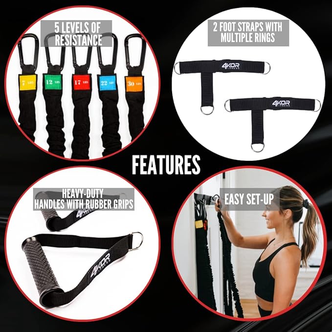 Resistance Cord Strength System, with Interchangeable Handles, Protective Nylon Sleeves, Foot Straps, Anchor Straps, and Carrying Bag. Perfect for Dynamic Warmups, Crossfit, and Rehab - Black Deluxe Edition