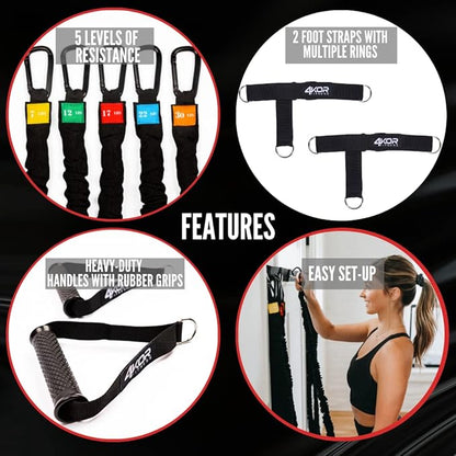 Resistance Cord Strength System, with Interchangeable Handles, Protective Nylon Sleeves, Foot Straps, Anchor Straps, and Carrying Bag. Perfect for Dynamic Warmups, Crossfit, and Rehab - Black Deluxe Edition