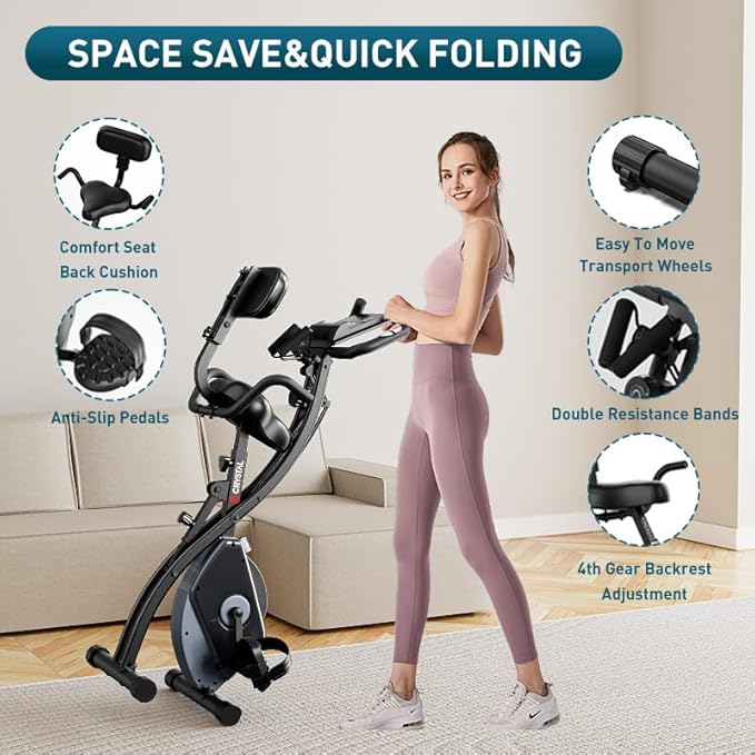 MAIBO Foldable Stationary Bike, Indoor Exercise Bike Stationary Bicycle For Seniors Home Workout With Arm Resistance Band Magnetic Resistance, Comfort Back Support Cushion & 4th gear Backrest Adjustments, Heart-Rate Monitor LCD Monitor