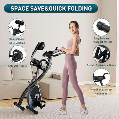 MAIBO Foldable Stationary Bike, Indoor Exercise Bike Stationary Bicycle For Seniors Home Workout With Arm Resistance Band Magnetic Resistance, Comfort Back Support Cushion & 4th gear Backrest Adjustments, Heart-Rate Monitor LCD Monitor