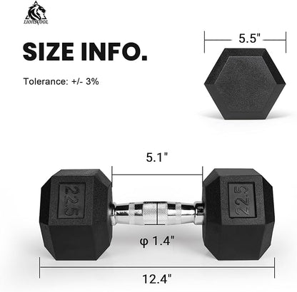 LIONSCOOL Rubber Encased Hex Dumbbells in Pairs or Single 5-65lbs