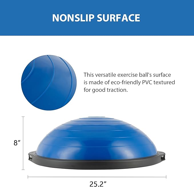 ZELUS 25in. Balance Ball | 1500lb Inflatable Half Exercise Ball Wobble Board Balance Trainer w Nonslip Base | Half Yoga Ball Strength Training Equipment w 2 Bands, Pump, Extra Ball Included