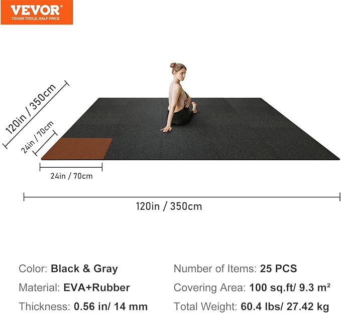 VEVOR 0.56Inch Thick Gym Floor Mats, 25/12/6 Tiles Rubber Top with EVA Foam, Gym Flooring Workout Mats, Interlocking Puzzle Gym Mats for Home Gym