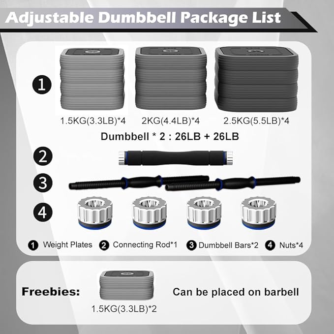 EVERYMILE Adjustable Dumbbells Sets, 20/30/40/50/60/80lbs Non-Rolling Free Weights Dumbbells with Connector, Convertible To Barbell, Home Gym Fitness Workout Equipment for Men Women