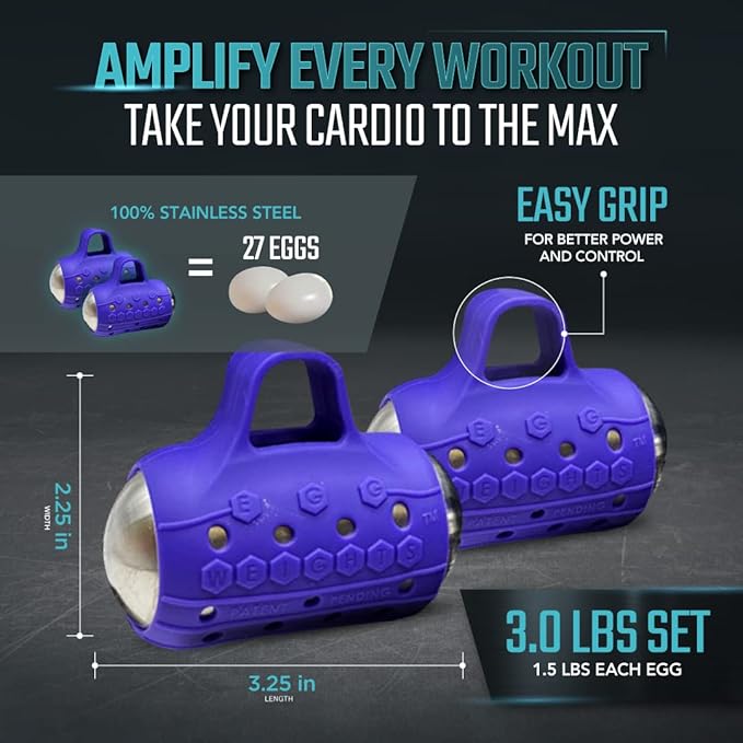 Egg Weights Cardio Max 3.0 lbs. Stainless Steel Hand Weights Dumbbell Set with Anti-Slip Silicone Finger Loop for Workout, Fitness, Training for Men and Women - 2 Eggs, 1.5 lbs each + Free E-Book Workout Guide