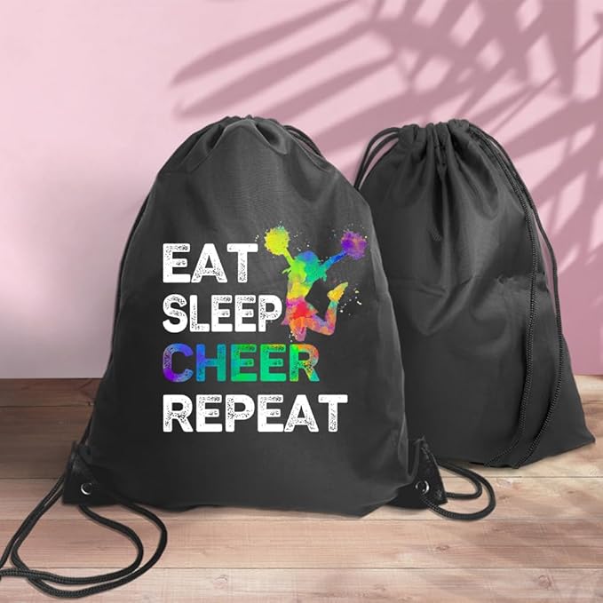 Haizct Eat Sleep Cheer Repeat Cheerleaders Drawstring Backpack, Cheerleading Drawstring Gym Bag for Cheerleaders, String Backpack Gym Sports Sack Bag Cheerleading Gifts for Woman