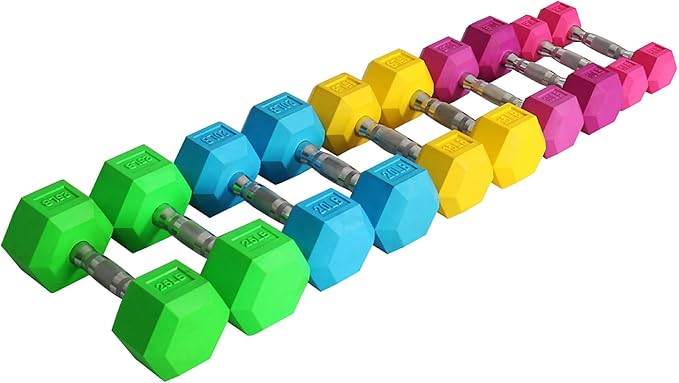 Signature Fitness Colored Rubber Coated Hex Dumbbell Weight Set,Multiple Packages