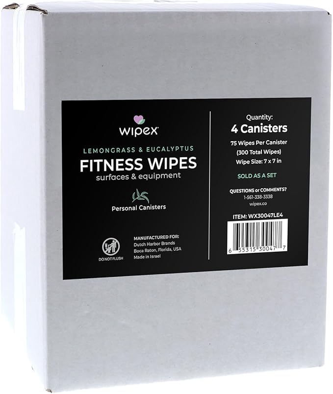 Wipex Natural Wipes for Fitness in Lemongrass & Eucalyptus, Gyms, Yoga, Peloton Cycles, Treadmills and Home, 75 Count (Pack of 4)