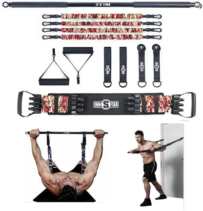 INNSTAR Portable Gym Set, Exercise Bands with Fitness Bar, Door Anchor, Handles, Ankle Straps for Resistance Training, Bench Press Training, Squat, Weightlifting etc Full Body Workout