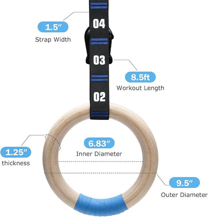 Wooden Gymnastic Rings with Adjustable Numbered Straps. 1.25'' Olympic Rings for Core Workout, Crossfit, Bodyweight Training. Home Gym Rings with 8.5ft Exercise Straps and Workout Handles