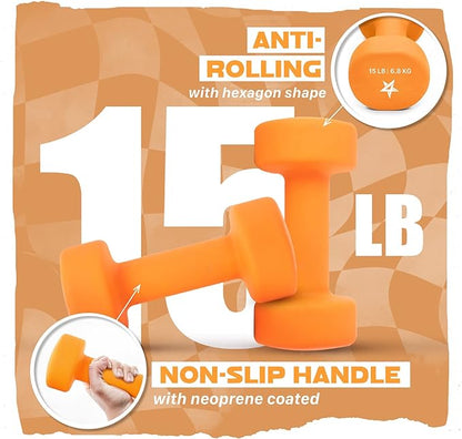 Yes4All Neoprene Coated Dumbbell Hand Weight Sets of 2 - Multiple Weight Options with 15 Colors, Anti-roll, Anti-Slip, Hexagon Shape