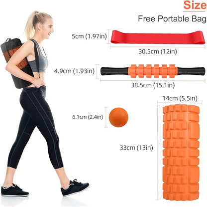 5 in1 Foam Roller Set, Trigger Point Foam Roller, Yoga Stick, Massage Ball, Fitness Stretching Strap, Carrying Bag, Towel, Massage Roller for Deep Muscle Massage Pilates Yoga, Orange