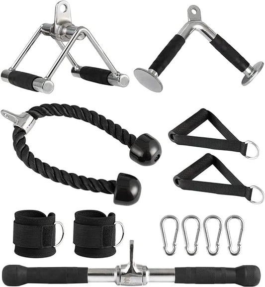 Triceps Pull Down Cable Machine Attachments for Home Gym Workout, 7 Piece Set Multi-Option, V Handle with Rotation, Rotating Straight Bar, V-Shaped Bar, Tricep Rope, Ankle Straps,Chrome