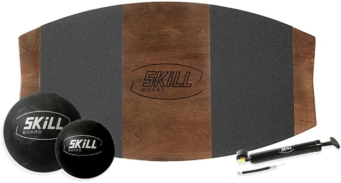 The Skill Board Beginner to Pro - Wooden Balance Board for Adults Bundle - Incl. Balance Trainer for All Sports, Gym, Standing Desk, or Yard Games, 2x Fitness Balls, Ball Pump and more