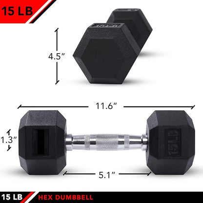 JFIT Rubber Hex Dumbbell - 15 Size, Single and Pair Options, 4-50lbs - Shaped Heads Prevent Rolling and Injury - Ergonomic Hand Weights for Exercise, Therapy, Muscle, Strength and Weight Training