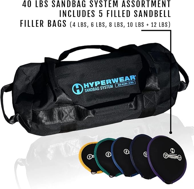 HYPERWEAR Adjustable Sandbag System - Heavy-Duty Workout Sandbags with Handles and Pre-Filled SandBells (25lb, 40lb, 80lb, 160lb)