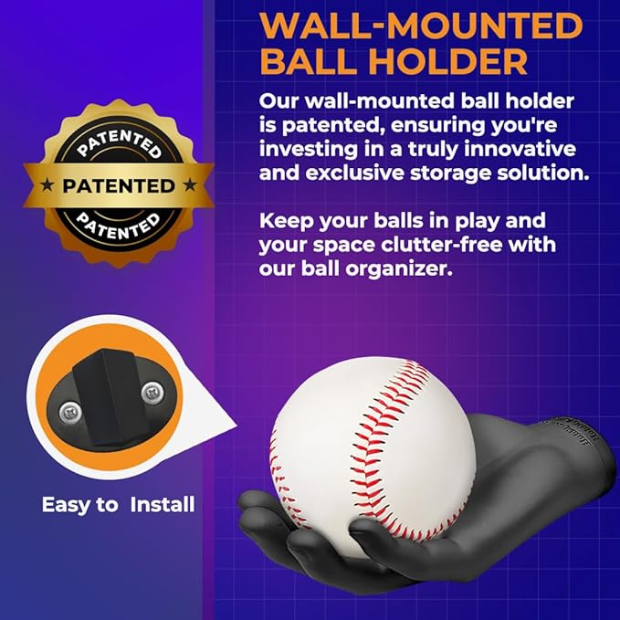 Wall-Mounted Ball Holder - Stylish Sculptured Hand Display Rack for Sports Ball Collections - Baseball, Cricket, Tennis, Golf Balls- Clutter-Free Room Decor and Memorabilia Showcase