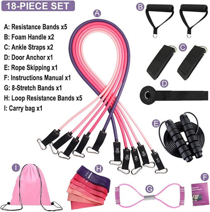 Zugoulook 18Pcs Resistance Bands Set for Women, 5 Stackable Exercise with Handles, Loop Bands, Jump Rope, Figure 8 Band, Ideal Home, Gym Fitness, Yoga, Full Body Workout