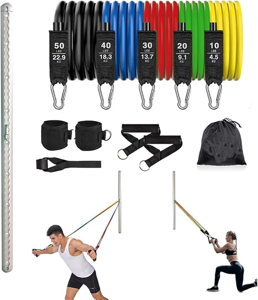 Adjustable Resistance Band Wall Anchor - Space Saver Gym Resistance Bands Anchor Exercise Equipment with Rails, Cars and 10-150LBS Exercise Bands Set