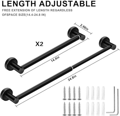 MGahyi Towel Racks for Bathroom-Adjustable Towel Holder(13.18inch-24inch) Sturdy and Rustproof Towel Bar Wall Mounted, Single Towel Bar Rod for Bathroom Accessories(2Pcs,Black)