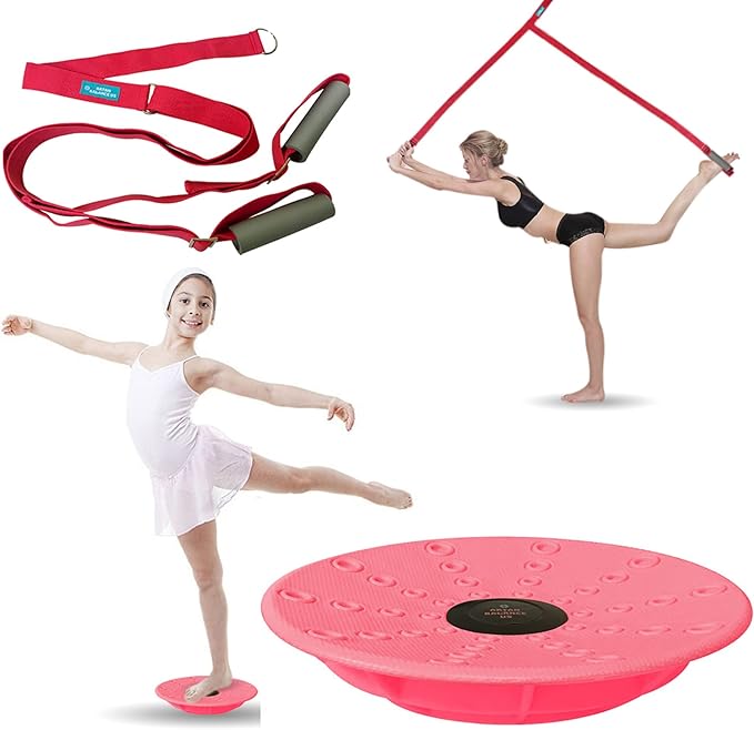 Dance, Cheerleading and Figureskating Trainer Stretching and Balance, 2 Pc. Set, Stretching, Disc Core Board and Flexibility Equipment Strap for Dance, Gymnastics, Turning, Stunt