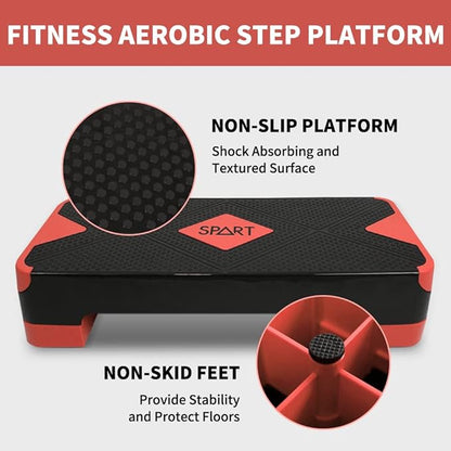 SPART Adjustable Workout Aerobic Stepper, Aerobic Exercise Step Platform with 4 Risers, 3 Levels Adjust 4" - 6" - 8", 26.77" Trainer Stepper with Non-Slip Surface for Home Gym Extra Risers