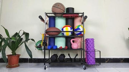 Yoga Mat Storage Rack Dumbbell Rack Home Gym Storage Rack for Yoga Mat Dumbbells Kettlebells and Foam Rollers， All-in-One Workout Exercise Equipment Storage with Wheels Hooks