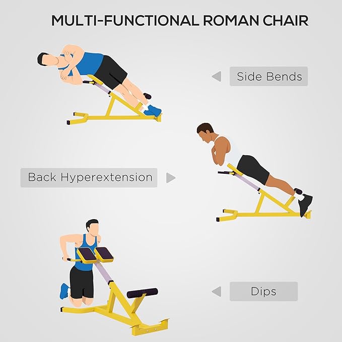 Soozier Roman Chair Back Extension Machine, Height Adjustable Hyperextension Bench with Dip Bars, Multi-Functional for Back, Core, Arms and Whole-Body Training