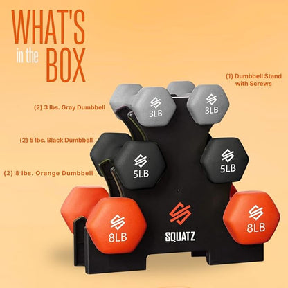 Dumbbell Weights Set with Stand, 32lbs Neoprene Coated Weights in Color Gray, Black, and Orange, Hex Shape Anti Slip and Roll Dumbbells for Exercise, Training, Fitness, Yoga