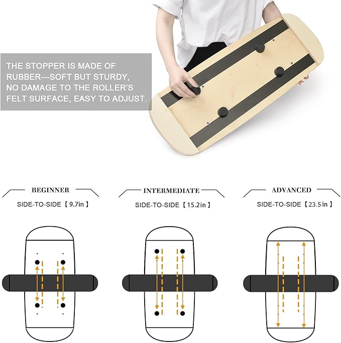 Balance Board Trainer, Wooden Balance Board with Adjustable Stoppers -3 Different Distance Options-Balance Exercise Equipment for Fitness Work