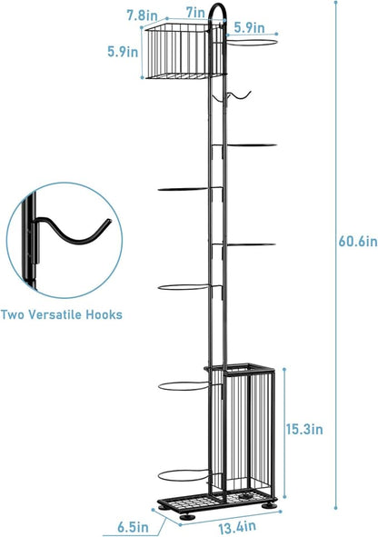 Basketball Ball Storage Rack 7 Tier Standing Basketball Holder Vertical Garage Ball Storage Ball Sports Equipment Storage Organizer with Baskets and Hooks for Volleyball Football Badminton, Black