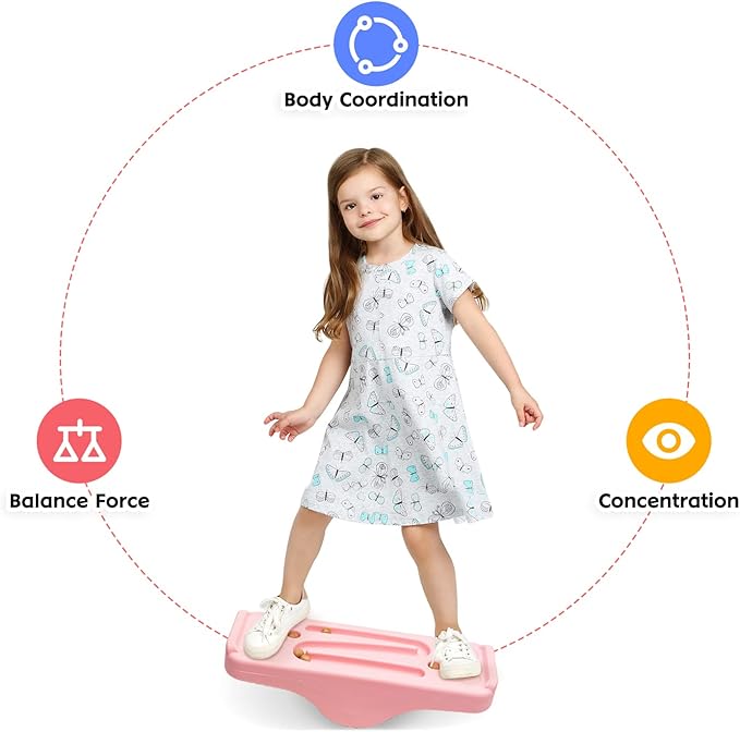 Kids Rocking Seesaw Balance Board with 5 Wooden Balls Sensory Training Rocking Board Balance Training Equipment Children Indoor Outdoor Activity Toy (Pink)