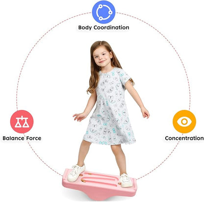 Kids Rocking Seesaw Balance Board with 5 Wooden Balls Sensory Training Rocking Board Balance Training Equipment Children Indoor Outdoor Activity Toy (Pink)