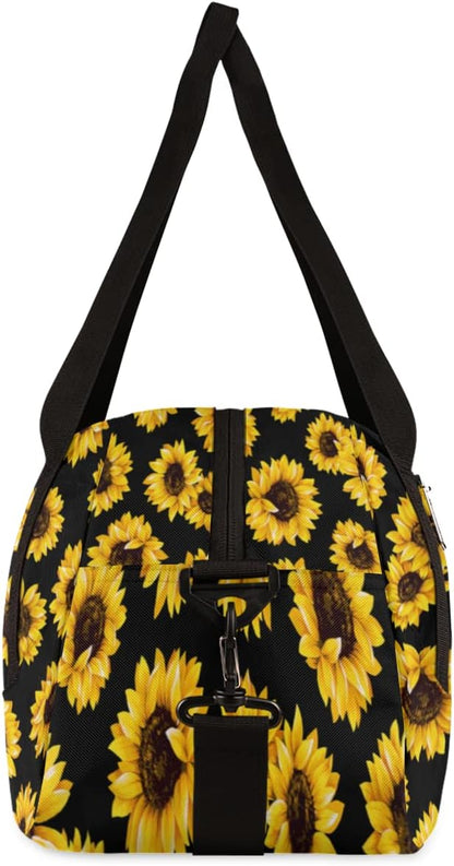 Summer Floral Sunflower Black Gym Bag for Women Men, Small Travel Duffel Bag for Sports Getaway Overnight Bag Lightweight Weekender Bags Workout Bag Dance Bag for Boys Girls Kids Teens