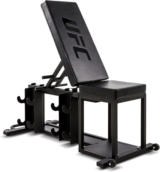 UFC Zone+ Weight Bench, Adjustable Full Body Workout Strength Training Flat, Incline, Decline. Built in Storage and Transport Handle and Wheels, Easy to Store for Home Gym