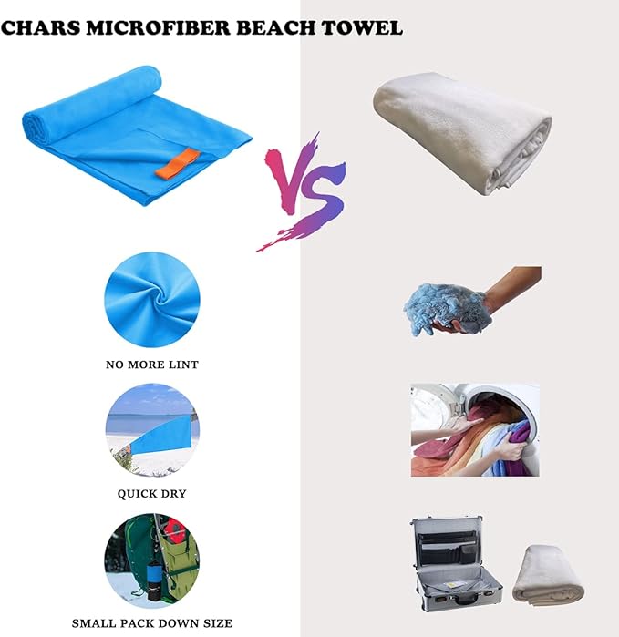 CHARS Microfiber Camping Towels Super Absorbent, Quick Dry Towel Sports Towel Beach Towel (63"x30") with a Carrying Bag Ultra Compact Gym Towel for Beach, Hiking, Travel, Gym, Pool, Yoga, Swimming