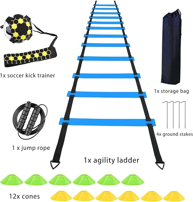 Agility Ladder Soccer Training Accessories Equipment, 6m Speed Ladder 12 Cones Football Trainer and Skipping Rope Football Training Set Football Gifts for Men