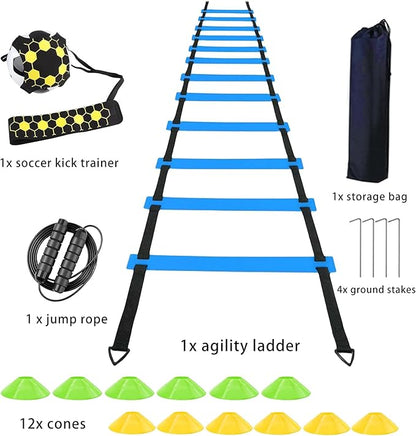 Agility Ladder Soccer Training Accessories Equipment, 6m Speed Ladder 12 Cones Football Trainer and Skipping Rope Football Training Set Football Gifts for Men