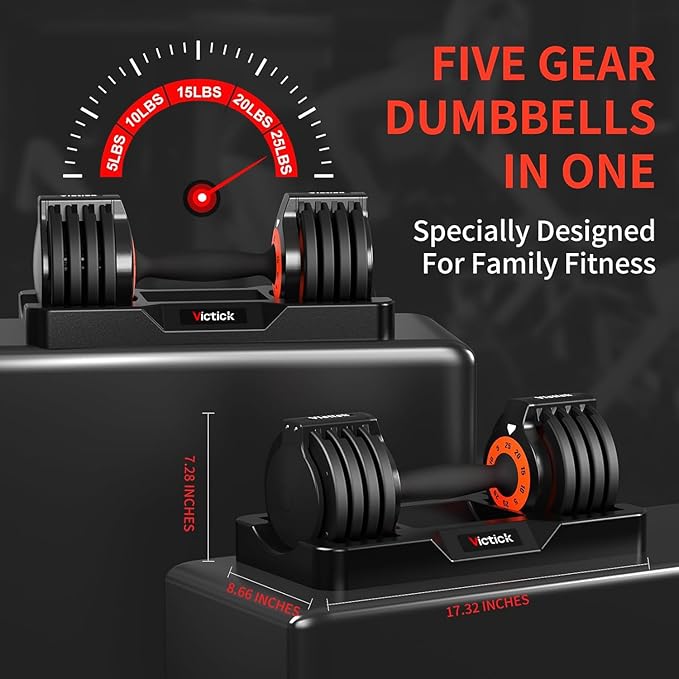 Adjustable Dumbbell Set 25LB Pair, Home Gym Weights with Non-Slip Handle, 5 in 1 Adjustable Dumbbells for Exercise and Full Body Strength Training