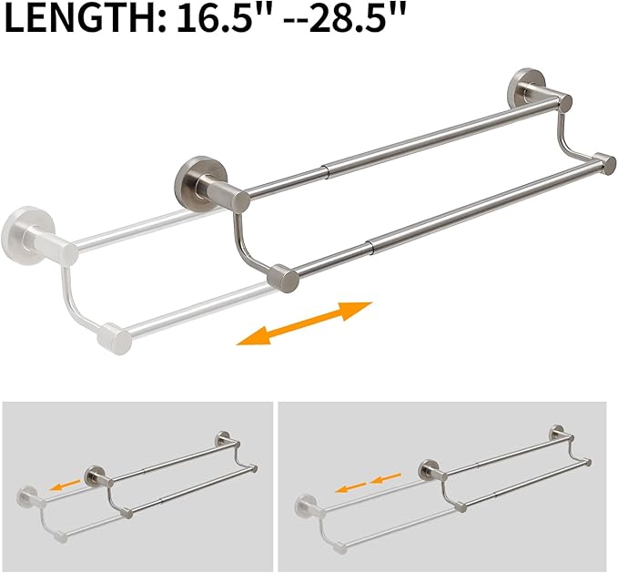 BESy Adjustable 16.5-28.5 Inches Double Bath Towel Bar for Bathroom SUS304 Stainless Steel Towel Holder, Hotel Style Wall Mount with Screws Hand Towel Bar, Towel Rack Rod Hanger, Brushed Nickel Finish