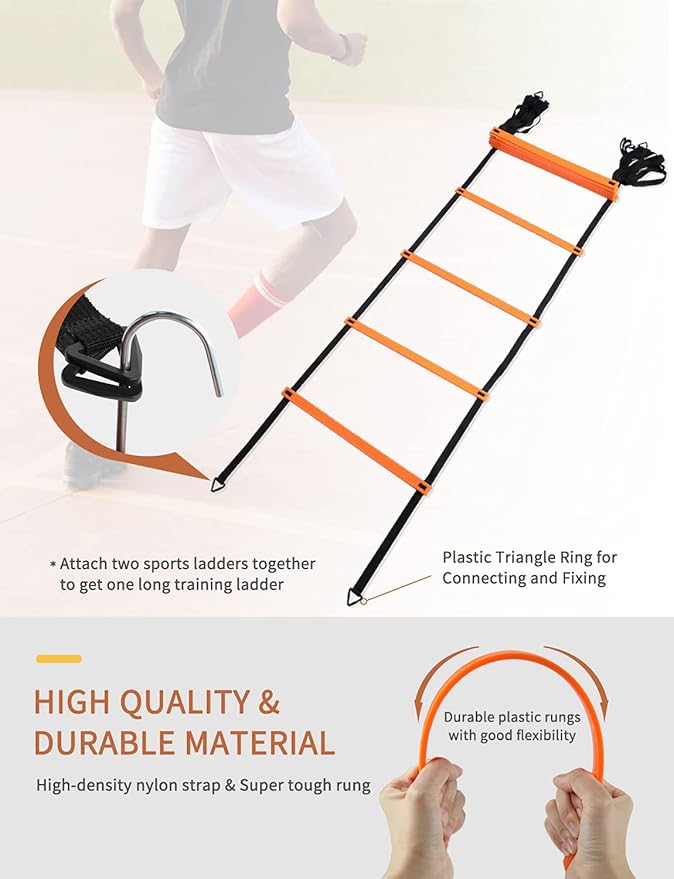 GHB Agility Ladder,Football Training Equipment Set,4 Agility Hurdles, 20 feet12 Rungs Speed Ladder,12 Disc Cones,Resistance Parachute, Jump Rope, 4 Resistance Bands