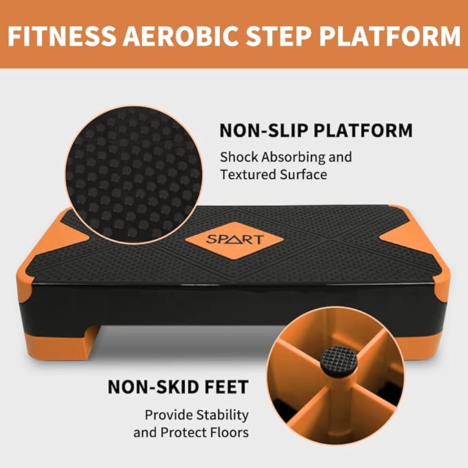 SPART Adjustable Workout Aerobic Stepper, Aerobic Exercise Step Platform with 4 Risers, 3 Levels Adjust 4" - 6" - 8", 26.77" Trainer Stepper with Non-Slip Surface for Home Gym Extra Risers