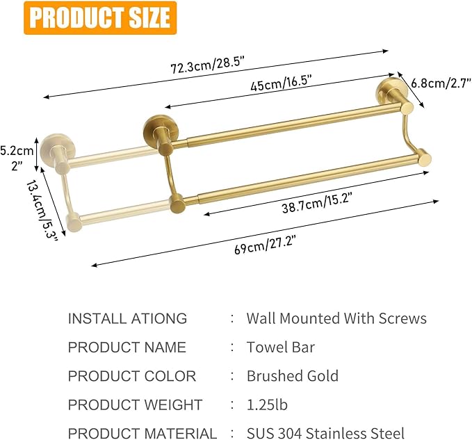 BESy Adjustable 16.5-28.5 Inches Double Bath Towel Bar for Bathroom SUS304 Stainless Steel Towel Holder, Hotel Style Wall Mount with Screws Hand Towel Bar，Towel Rack Rod Hanger, Brushed Gold Finish